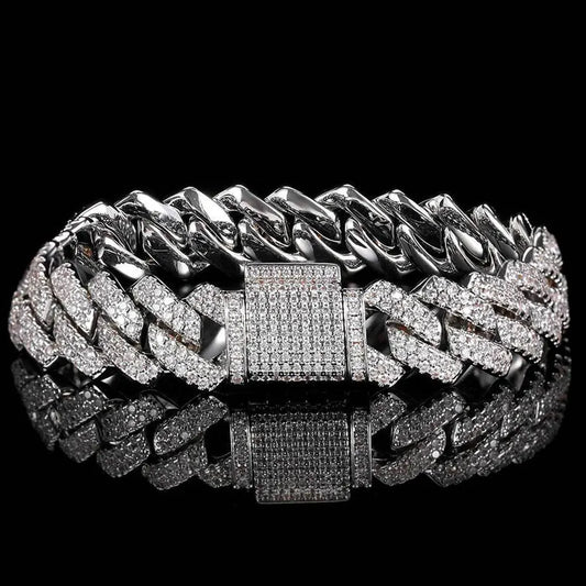 D Color Moissanite Cuban Bracelet 925 Sterling Sliver Plated with 18k White Gold Diamond Cuban Link Chain for Women Man